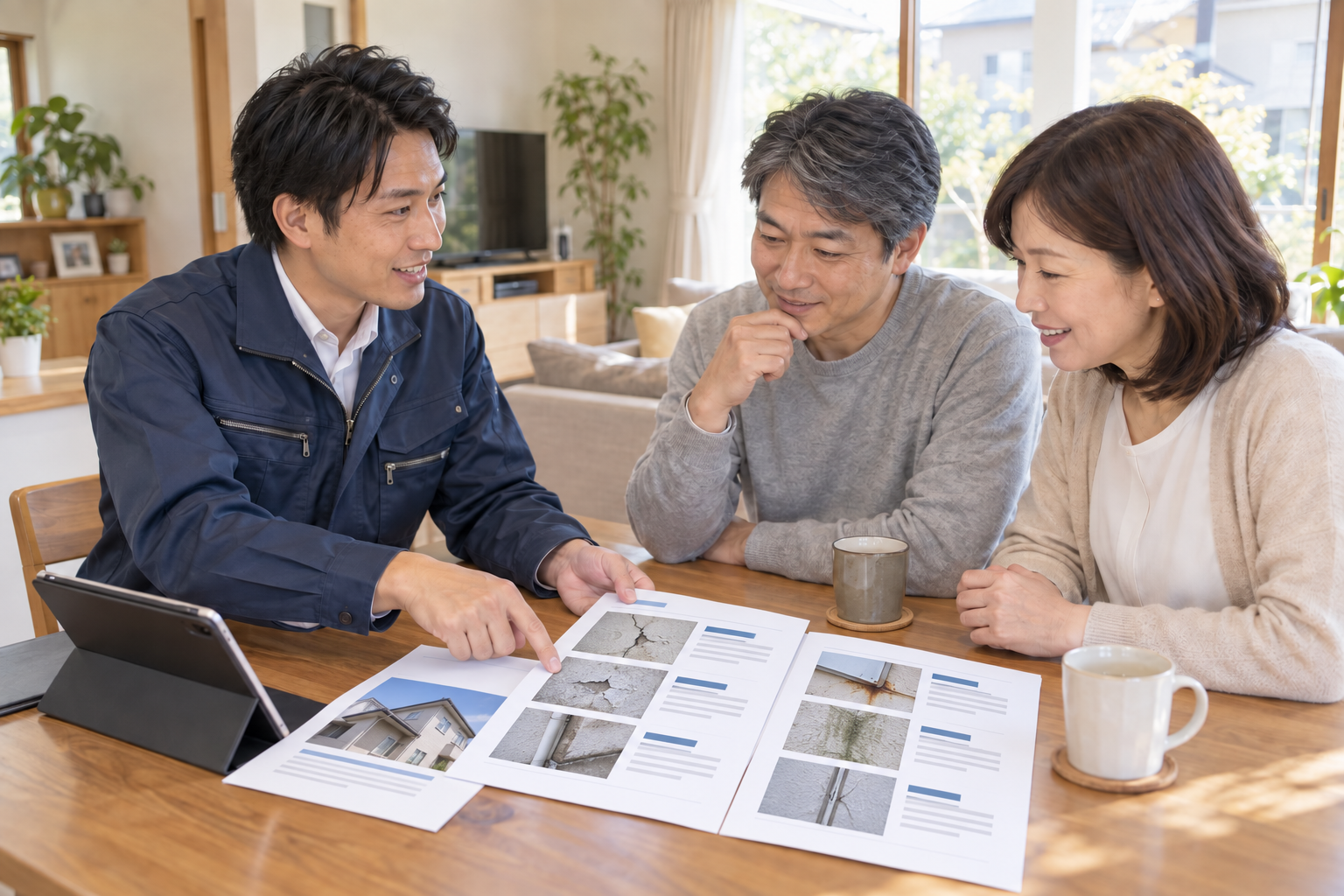 営業担当者が顧客に現場調査報告書を説明している様子