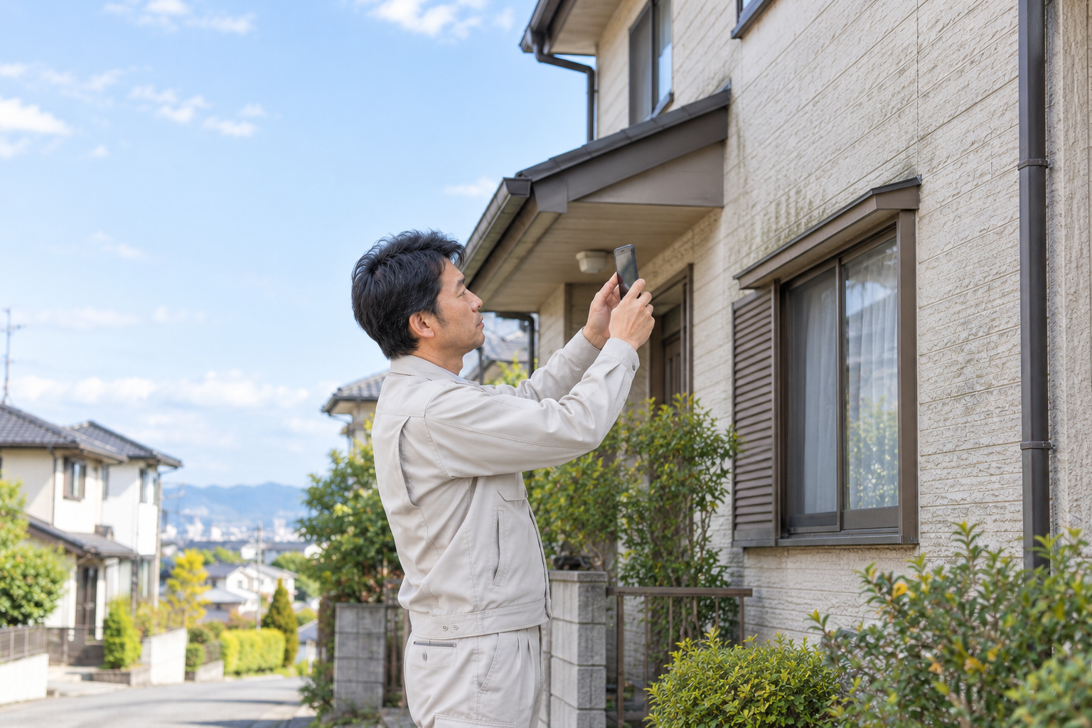 作業着姿の営業担当者が住宅の外壁をスマートフォンで撮影している様子